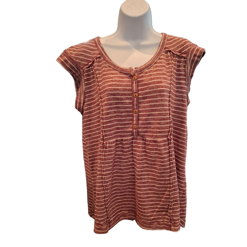 New Directions 3/4 Button Front Cap Sleeves Top Womens Size Large Red Striped